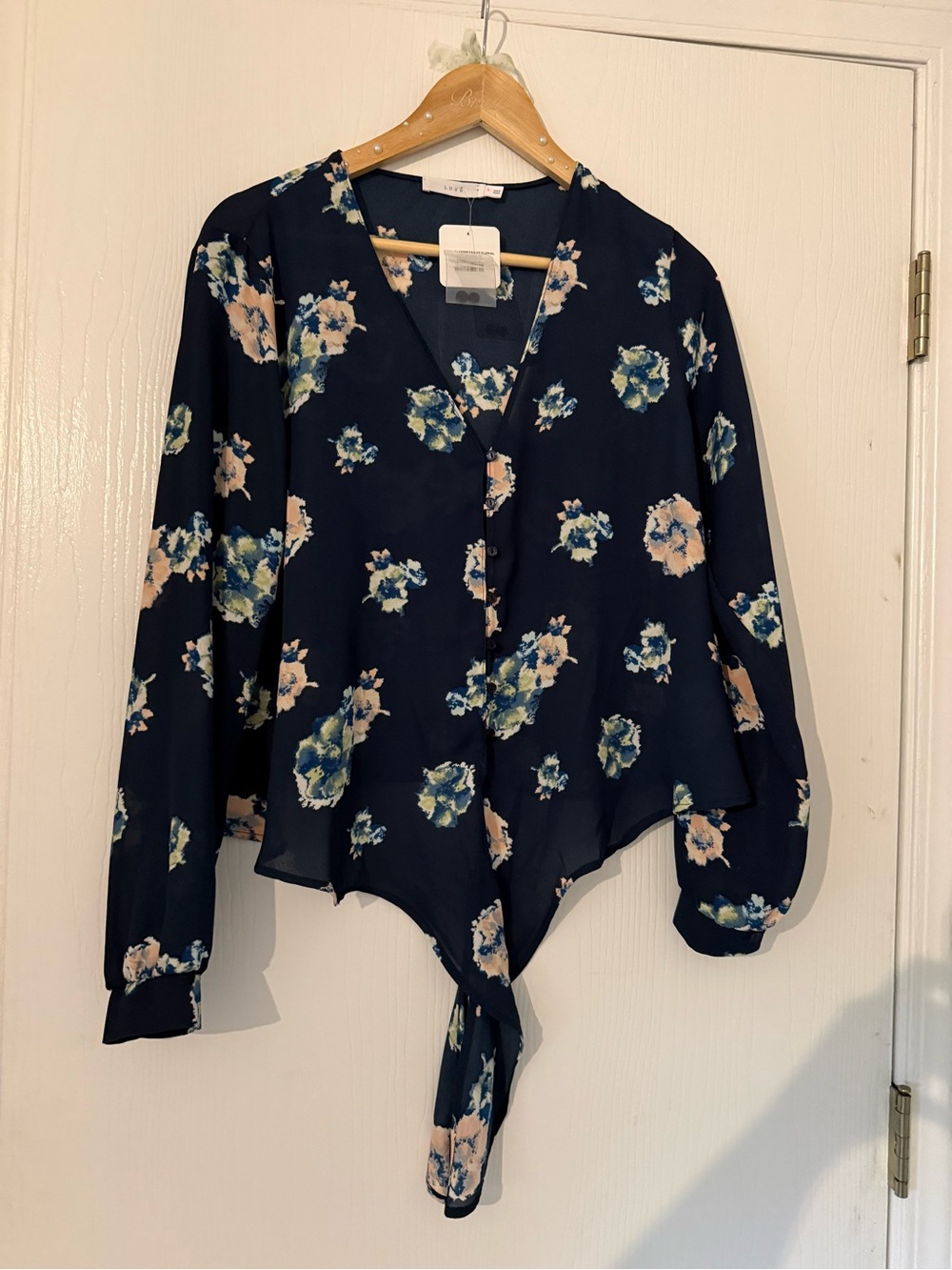 Floral Tie-Front Blouse - Navy Blue